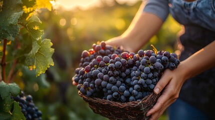 Poster - Hands carefully cradle a bountiful basket overflowing with vibrant, freshly harvested grapes. Sunlight cascades through the vineyard, enhancing the rich colors of the fruit
