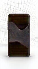 Poster - Phone with abstract wavy pattern on screen, grid background. Modern tech art concept.