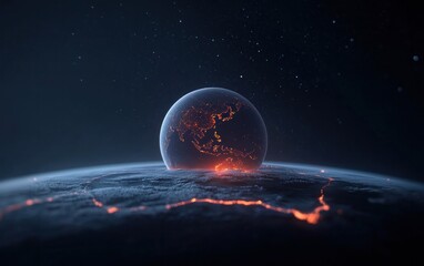 Poster - A dark, futuristic digital art piece depicting a fiery, pixelated sphere resting on a planet's surface.  Orange and blue hues dominate, creating a dramatic contrast against the black background. The