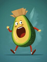 Poster - Humorous cartoon avocado carrying a grocery bag in a playful pastel background with exaggerated proportions and a lively expression Generative AI