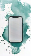 Poster - Smartphone with blank screen against watercolor backdrop. Minimalist tech and art fusion for modern appeal.