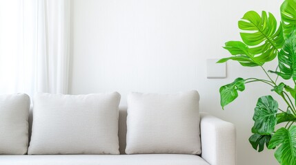 Poster - A minimalist living space featuring a light-colored sofa and a vibrant green plant, creating a serene and inviting atmosphere, Sustainable Living, Sustainable Living.