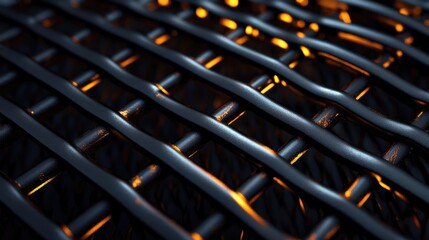Poster - Close-up of an intricate metal mesh structure illuminated by warm light, showcasing its texture and design