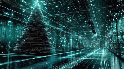 Poster - Abstract network Christmas tree formed by luminous connections and futuristic blue technology.