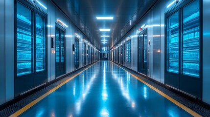 Poster - Modern warehouse showcases a long corridor lined with advanced refrigeration units. Controlled climate maintains optimal storage for perishable goods, including pharmaceuticals.