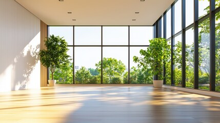 Poster - A bright, spacious interior with large windows, wooden flooring, and potted plants, offering a view of greenery outside, Sustainable Living, Sustainable Living.