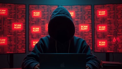 Aufkleber - A mysterious figure in a hoodie sits in front of multiple screens displaying scam alerts, creating an ominous atmosphere.