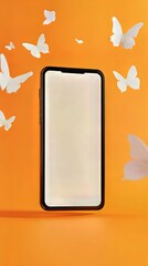 Poster - Blank screen mobile surrounded by delicate, floating white butterflies on a vibrant orange backdrop.