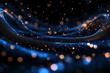 Poster - Abstract glowing particles with blue light trails and golden bokeh effects on dark background create magical atmosphere for festive designs.