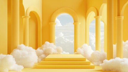 Poster - Bright yellow interior with geometric podium setup, white fluffy clouds adding a surreal floating effect.