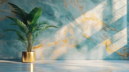 Poster - A serene indoor space featuring a vibrant green plant in a gold pot against a luxurious marble wall with sunlight