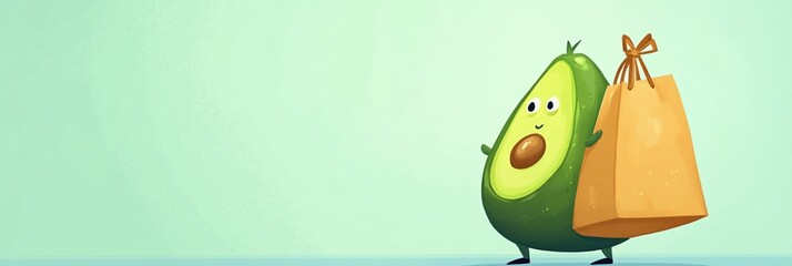 Poster - Humorous cartoon avocado with exaggerated proportions carrying a grocery bag in a playful pastel setting Generative AI