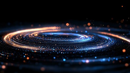 Poster - Glowing spiral of light trails with blue and orange particles creating cosmic galaxy effect against dark background. Suitable for science and technology designs.