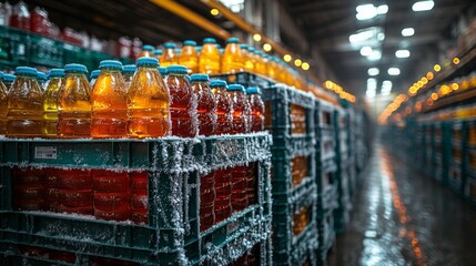 Poster - Rows of cold beverage containers are neatly stacked in a chilly warehouse. The temperature controlled environment ensures perishable goods remain fresh and ready for distribution.