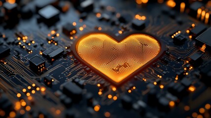 Poster - glowing heart shape on computer circuit board with orange light effect and electronic components. da