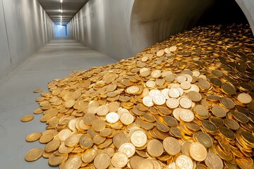 Poster - Long corridor with golden coins spilling out, creating dramatic contrast between empty hallway and abundant wealth, symbolizing financial opportunity and success.
