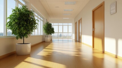 Poster - Sunlight Streaming Through Modern Hallway with Large , Light Wood Floors, Potted Plants, and Bright Decor Creating an Inviting Atmosphere