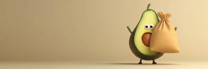 Poster - Cartoon avocado joyfully carries a grocery bag against a playful pastel background Generative AI