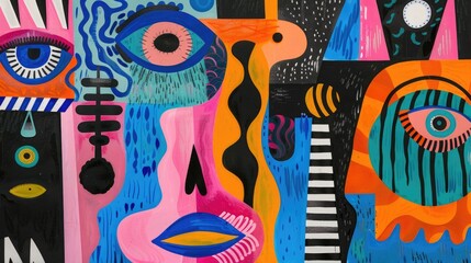 Poster - Vibrant abstract mural featuring colorful faces and shapes, set in an urban environment with artistic elements