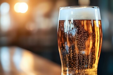 Poster - Cold glass of light beer with bubbles and foam on blurred warm background, close-up view showing condensation and amber color for restaurant menu.