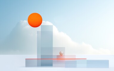 Poster - Abstract 3D render of glass cubes, a pearl, and a large orange sphere against a cloudy sky. Minimalist and serene aesthetic
