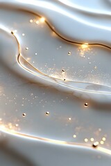 Poster - Elegant white silk fabric with golden light streams and glowing particles creates luxurious flowing waves and magical sparkles on pearl background.