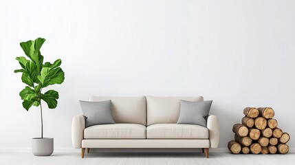 Poster - A modern living room featuring a light-colored sofa, decorative pillows, a potted plant, and a stack of logs against a minimalist white wall, Sustainable Living, Sustainable Living.