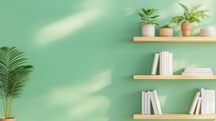 Poster - A serene interior scene featuring green walls, wooden shelves, books, and potted plants, creating a fresh and calming atmosphere, Sustainable Living, Sustainable Living.