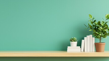 Poster - A minimalist shelf displays potted plants and stacked books against a vibrant teal wall, creating a calming and stylish atmosphere, Sustainable Living, Sustainable Living.