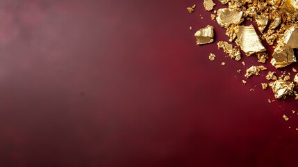 Poster - Shimmering gold leaf fragments scattered on deep burgundy red background with dramatic lighting and copy space for luxury design projects.