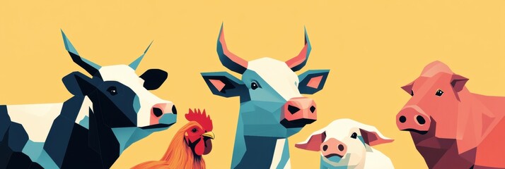 Leinwandbilder - Minimalist geometric illustration featuring cows, pigs, and chickens in vibrant colors showcasing modern design Generative AI
