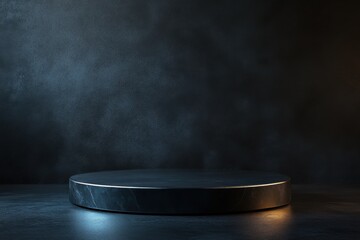 Poster - The background stage of a 3D luxury presentation showcases an empty platform studio with a black product podium display. Generative Ai