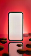Poster - A modern smartphone with a blank screen reflects against a vibrant red backdrop, sleek design showcased.