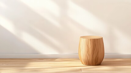 Poster - A minimalist wooden stool casts shadows on a light wall, creating a serene atmosphere in a modern interior space, Sustainable Living, Sustainable Living.