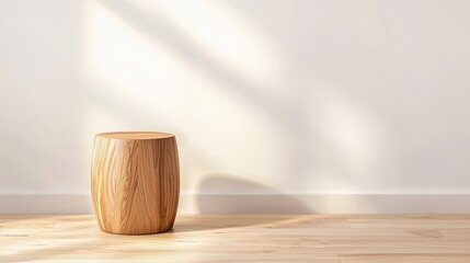 Poster - A simple wooden stool stands against a bright wall, illuminated by soft sunlight, creating a serene and modern atmosphere, Sustainable Living, Sustainable Living.