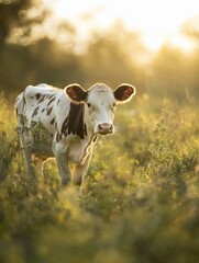 Aufkleber - Joyful dairy cow enjoys a sunny afternoon in lush green meadow surrounded by natures beauty Generative AI