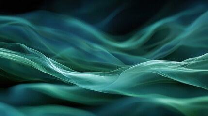 Poster - Elegant green and blue waves flowing smoothly across a dark background, creating a sense of fluid motion and tranquility.
