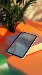Poster - Modern smartphone rests on a geometric platform, complemented by a potted plant and vibrant orange backdrop.