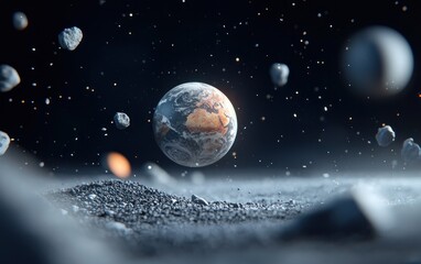 Poster - Pixelated Earth surrounded by asteroids in dark space, viewed from a low perspective on a textured surface.  The scene is dimly lit, with a subtle glow on the planet