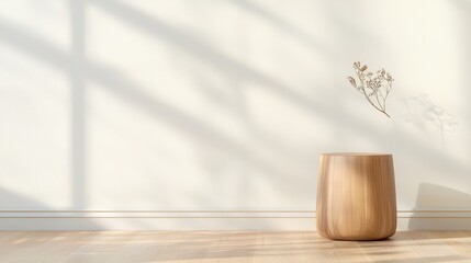 Poster - A minimalist interior featuring a wooden stool and a delicate plant silhouette on a light wall, illuminated by soft shadows, Sustainable Living, Sustainable Living.