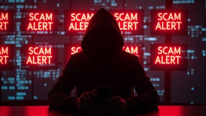 Poster - A hooded figure hints at anonymity, illuminated by glowing 'Scam Alert' signs, conveying a sense of digital threat.