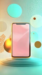 Poster - Mobile phone with a pink screen set against an abstract backdrop of circles and a geometric platform.