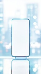 Poster - Sleek smartphone with blank screen for content display against a blurred cityscape backdrop.