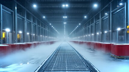 Poster - A well organized cold storage facility is set up for the safe storage and distribution of temperature sensitive pharmaceuticals. Red containers line the aisles beneath bright lighting and mist.