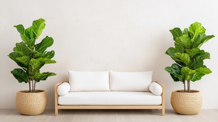 Poster - A minimalist living space featuring a stylish white sofa flanked by large fiddle leaf fig plants in woven baskets, Sustainable Living, Sustainable Living.