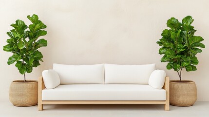 Poster - A modern, minimalist living space featuring a white sofa flanked by lush green plants in woven baskets against a neutral wall, Sustainable Living, Sustainable Living.