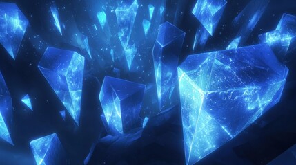 Poster - Futuristic 3D blue polygonal shapes glowing in a digital space, representing metaverse technology.