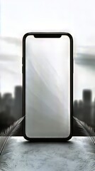 Poster - Sleek smartphone with minimalist design and city backdrop, ready for your digital world.