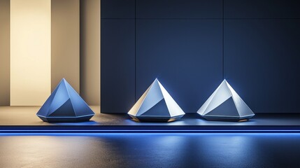 Poster - Futuristic 3D blue polygonal shapes glowing in a digital space, representing metaverse technology.