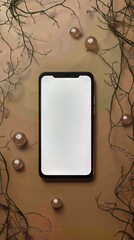 Poster - Elegant cellphone mock-up with decorative branches and pearl accents against a neutral backdrop.